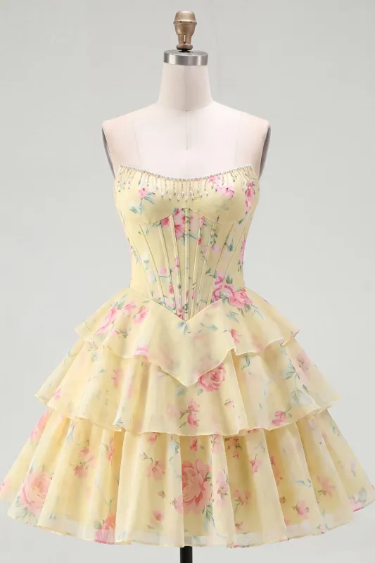 A-Line Yellow Strapless Corset Floral Tiered Homecoming Dress made by Zapaka