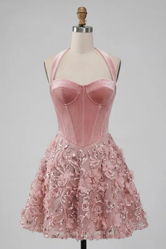 A-Line Pink Halter Neck Corset Floral Sequins Homecoming Dress with Appliques made by Zapaka