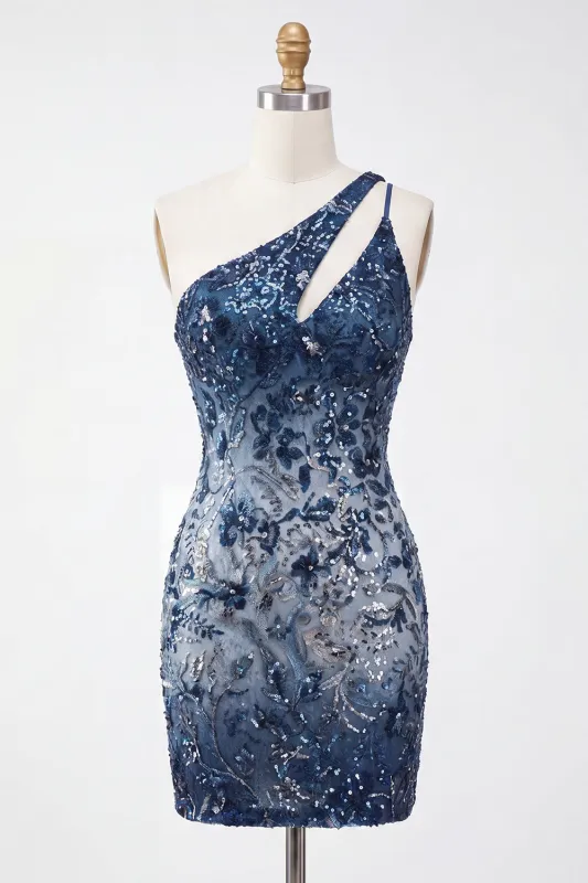 Sparkly Navy One Shoulder Bodycon Sequins Floral Homecoming Dress made by Zapaka