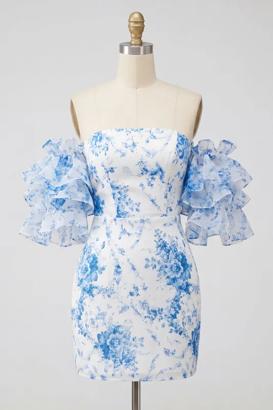 Blue Off the Shoulder Floral Bodycon Homecoming Dress made by Zapaka