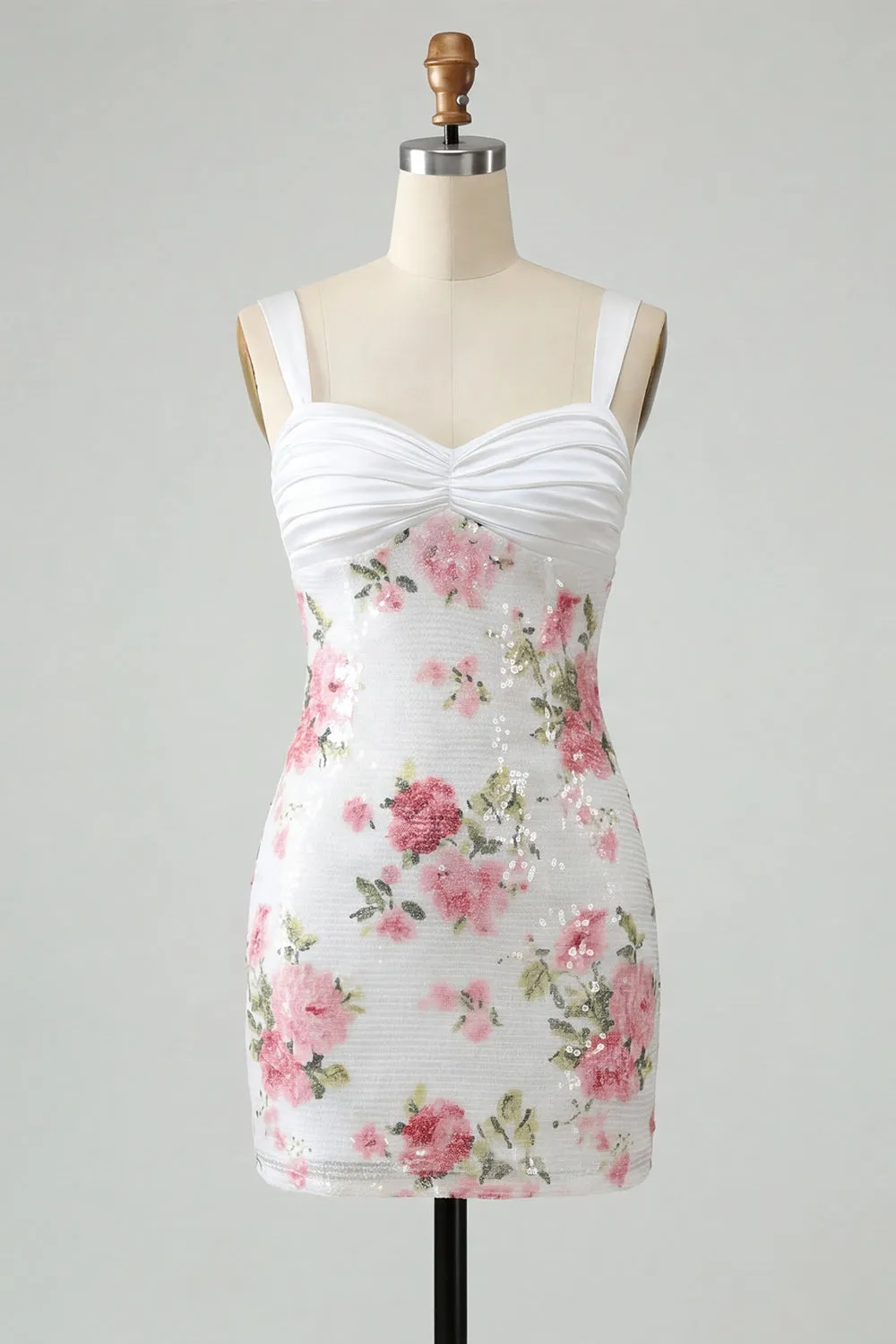 Ivory Floral Bodycon Sequin Ruched Homecoming Dress with Bow sold by Zapaka product image thumbnail 5