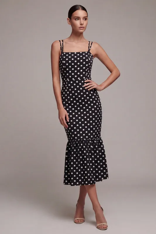 Black and White Mermaid Spaghetti Straps Midi Polka Dots Dress made by Zapaka