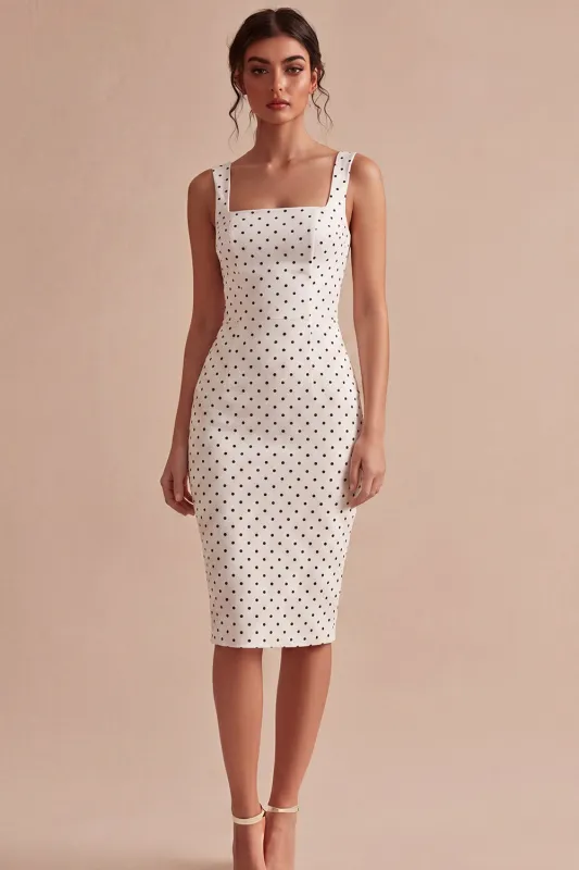 White and Black Square Neck Bodycon Midi Polka Dots Dress made by Zapaka