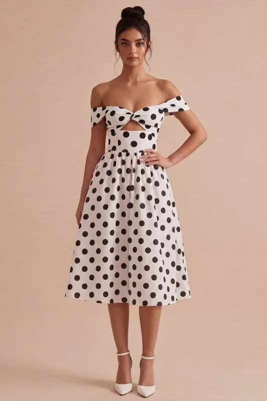 White and Black Keyhole Off the Shoulder A Line Midi Polka Dots Dress made by Zapaka