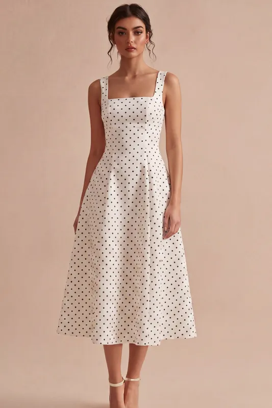 White and Black Thick Straps A Line Midi Polka Dots Dress made by Zapaka