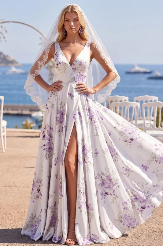 White Purple Flower V-Neck A Line Sweep Train Beach Wedding Dress with Veils made by Zapaka