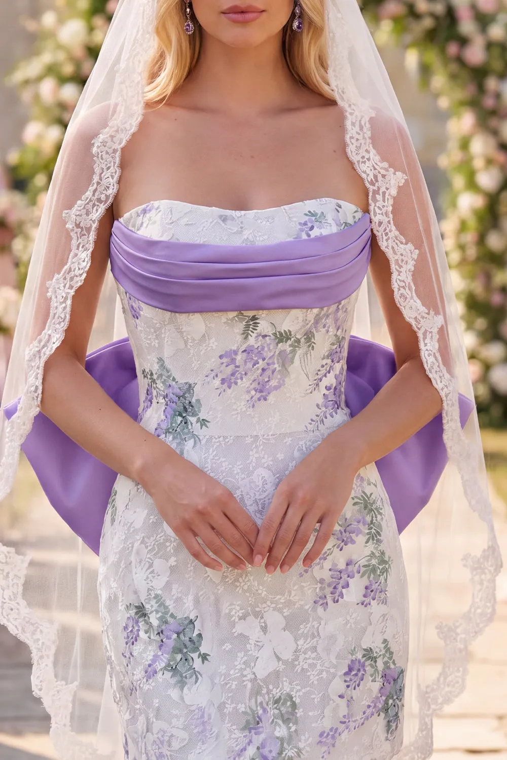 White Purple Flower Lace Ruched Strapless Tight Short Wedding Dress with Veils sold by Zapaka product image thumbnail 3