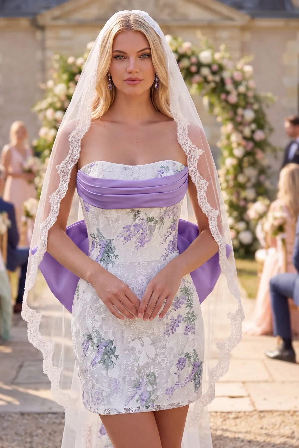 White Purple Flower Lace Ruched Strapless Tight Short Wedding Dress with Veils sold by Zapaka