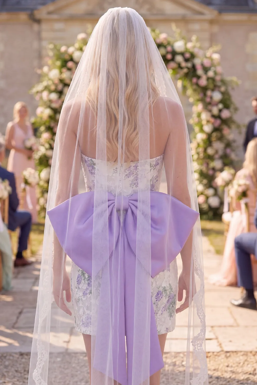 White Purple Flower Lace Ruched Strapless Tight Short Wedding Dress with Veils sold by Zapaka product image thumbnail 2