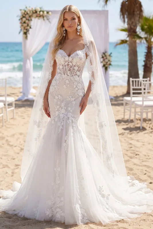 Mermaid Corset Sweep Train White Floral Lace Boho Wedding Dress with Veils made by Zapaka