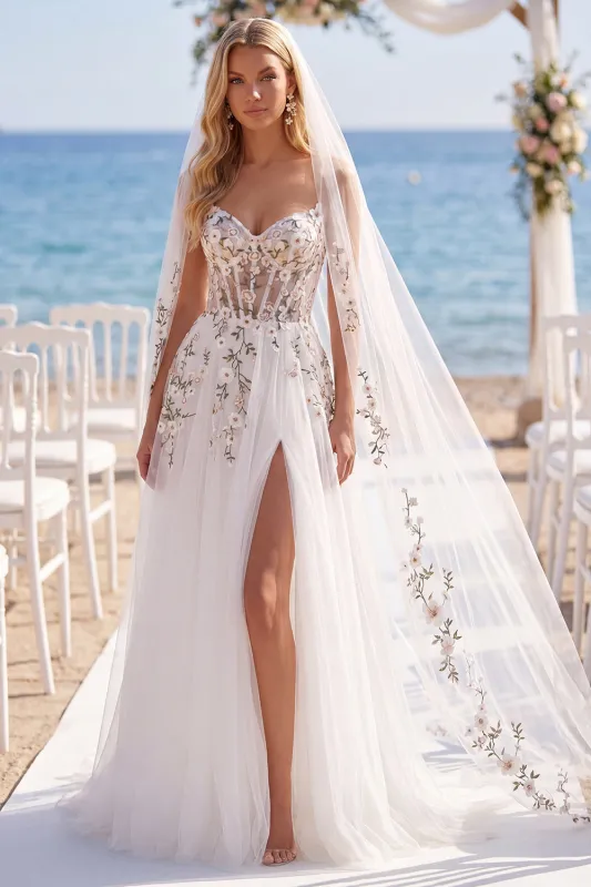 White Pink Flower Tulle A Line Embroidered Corset Sweep Train Wedding Dress with Veils made by Zapaka
