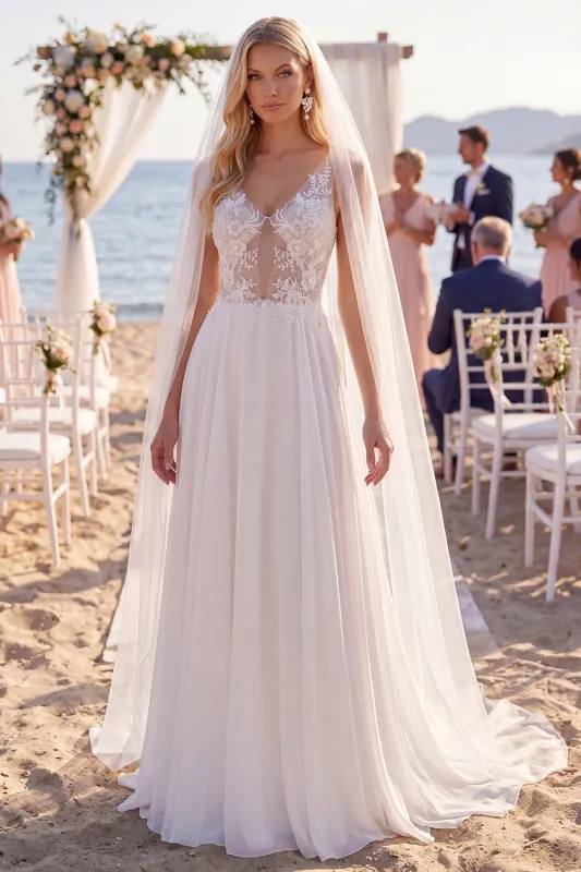 White Floral Chiffon A Line V-Neck Sweep Train Keyhole Beach Wedding Dress with Veils made by Zapaka