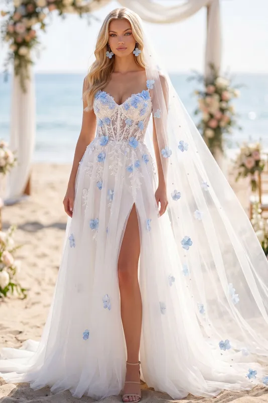 White Blue Flower Beaded A Line Sweep Train Corset Wedding Dress with Veils made by Zapaka
