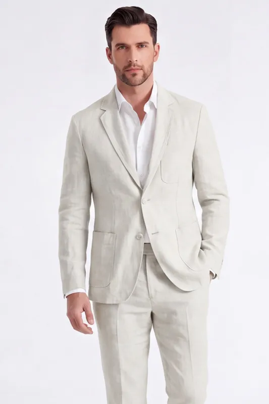 Beige Linen Notched Lapel Men's Jacket made by Zapaka