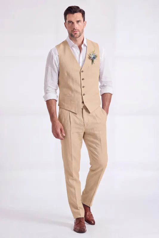 Light Khaki 2 Piece V-Neck Single Breasted Men Formal Suits made by Zapaka