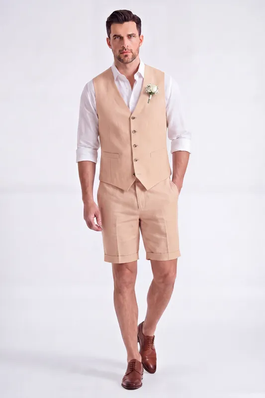 Light Khaki 2 Piece V-Neck Single Breasted Men Short Formal Suits made by Zapaka