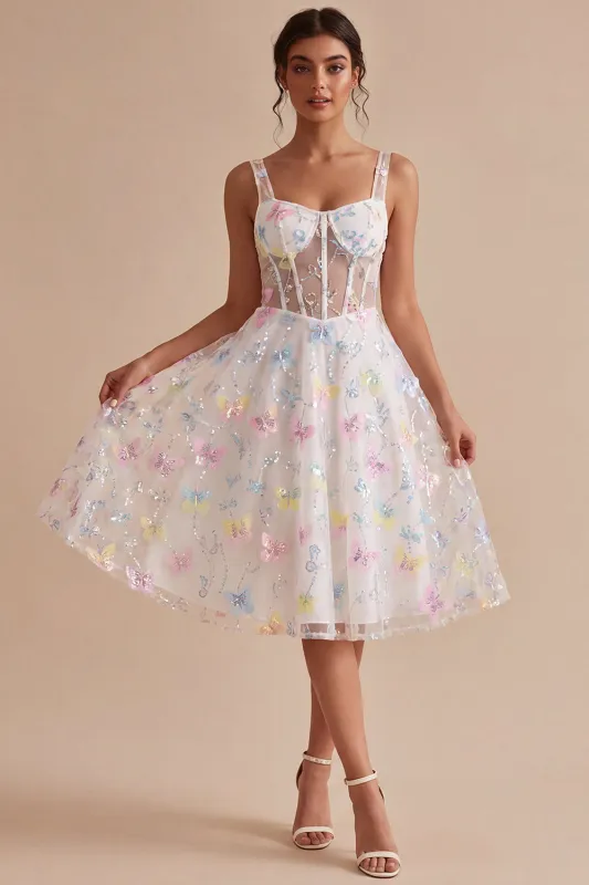 Corset Floral White Midi Thick Straps Beaded A Line Graduation Dress made by Zapaka