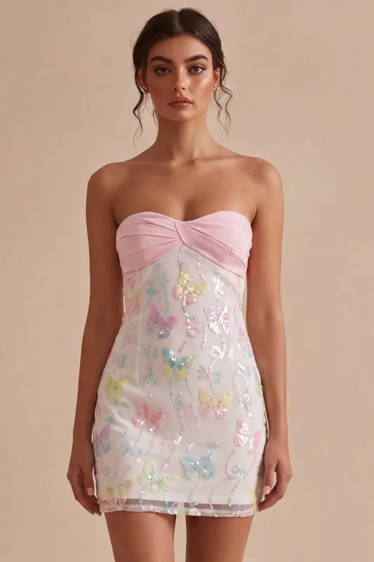 Sparkly Pink and White Floral Tight Mini Strapless Beaded Graduation Dress made by Zapaka