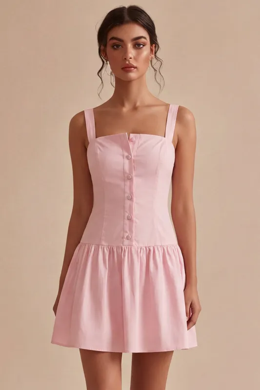 A Line Short Pink Thick Straps Graduation Dress made by Zapaka