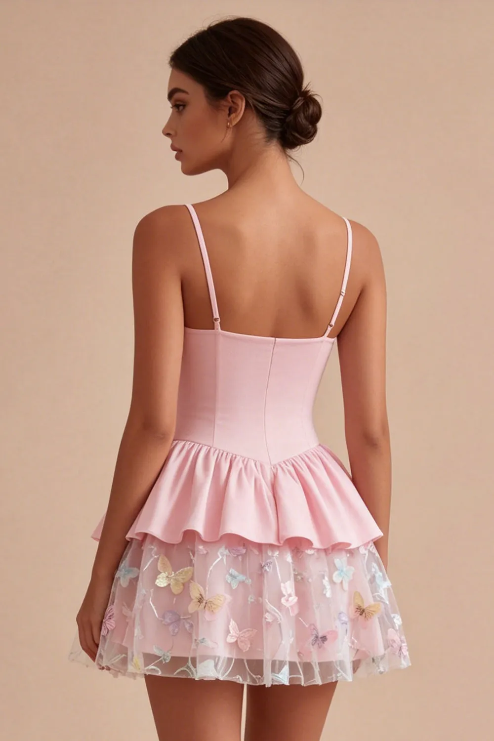 Pink A Line Short Floral Spaghetti Straps Graduation Dress with Ruffles sold by Zapaka product image thumbnail 2