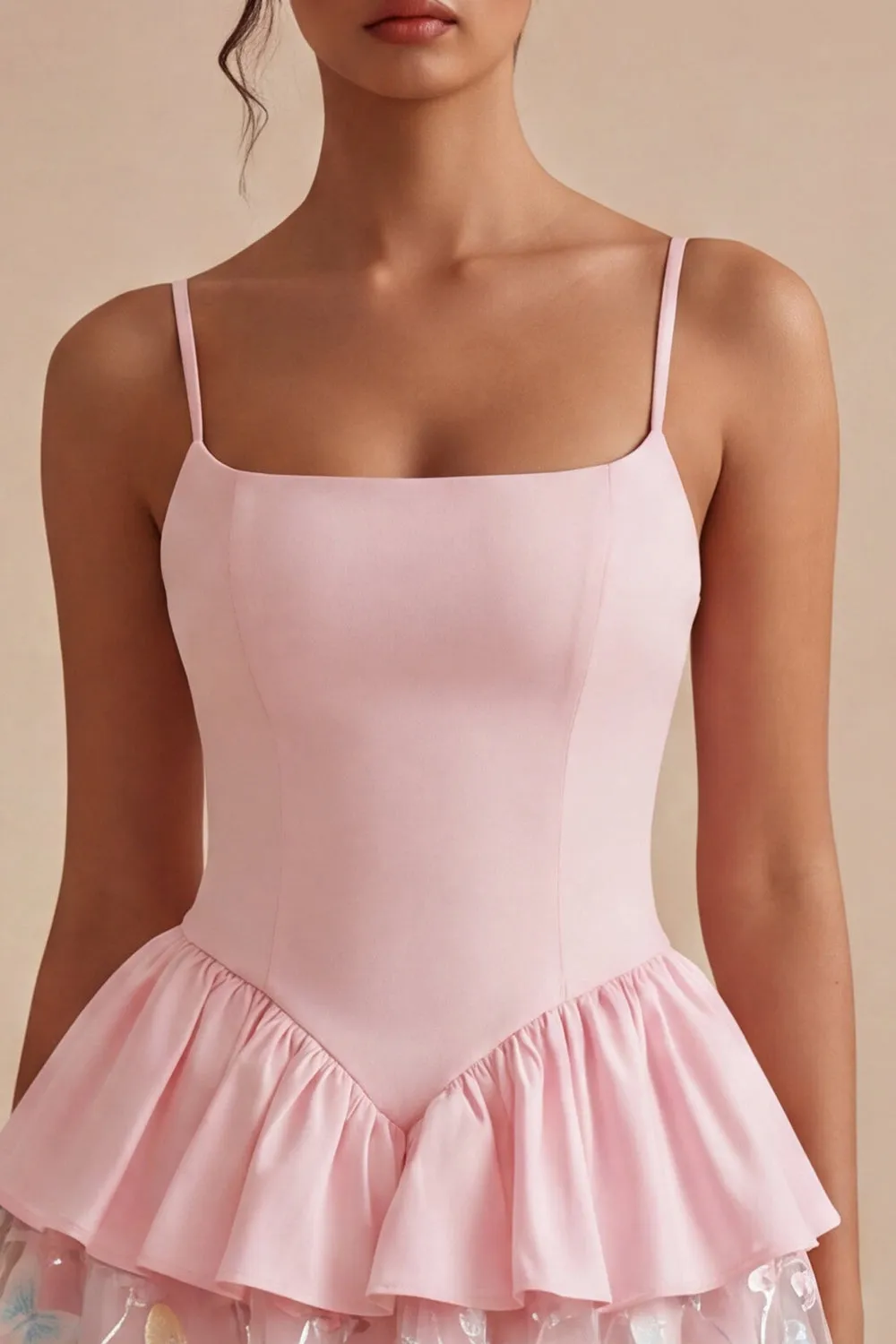 Pink A Line Short Floral Spaghetti Straps Graduation Dress with Ruffles sold by Zapaka product image thumbnail 3