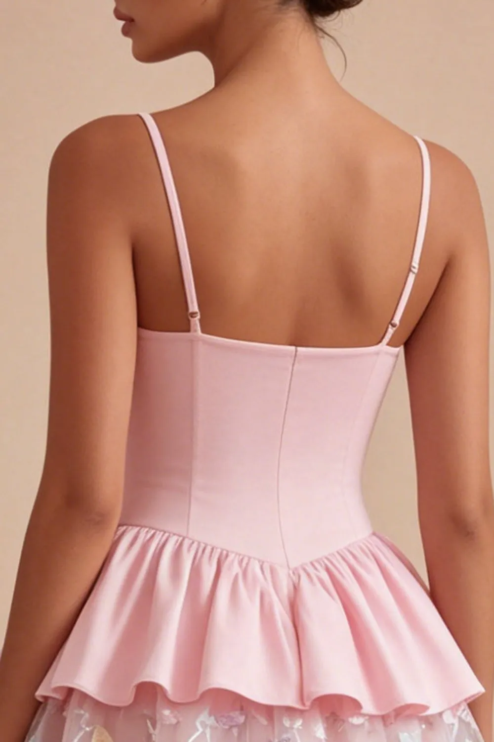Pink A Line Short Floral Spaghetti Straps Graduation Dress with Ruffles sold by Zapaka product image thumbnail 4