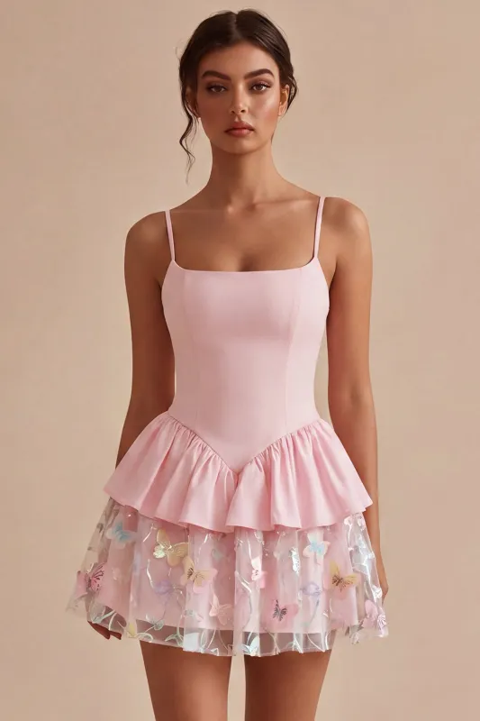 Pink A Line Short Floral Spaghetti Straps Graduation Dress with Ruffles made by Zapaka