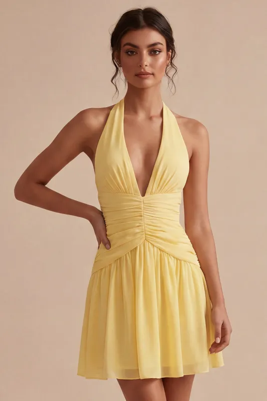 A Line Short Daffodil Halter Ruched Backless Graduation Dress made by Zapaka