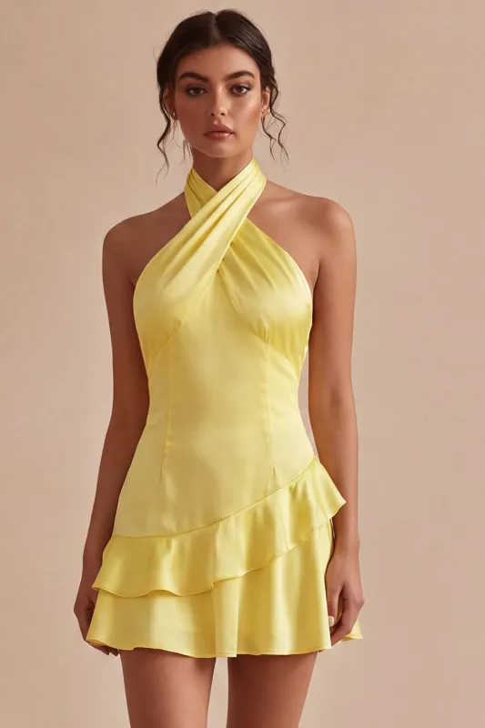 A Line Short Daffodil Halter Backless Graduation Dress with Ruffles made by Zapaka