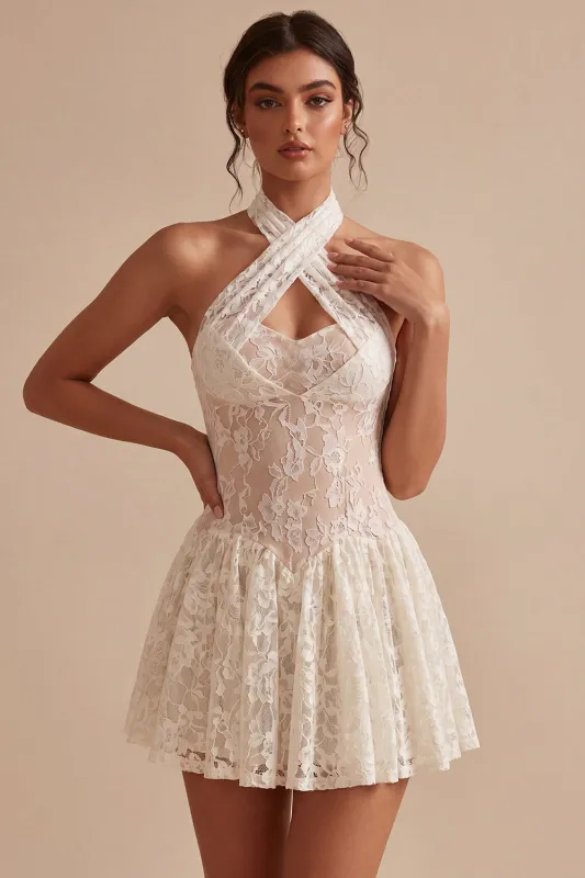 Floral Ivory Halter Keyhole Lace Short A Line Graduation Dress made by Zapaka