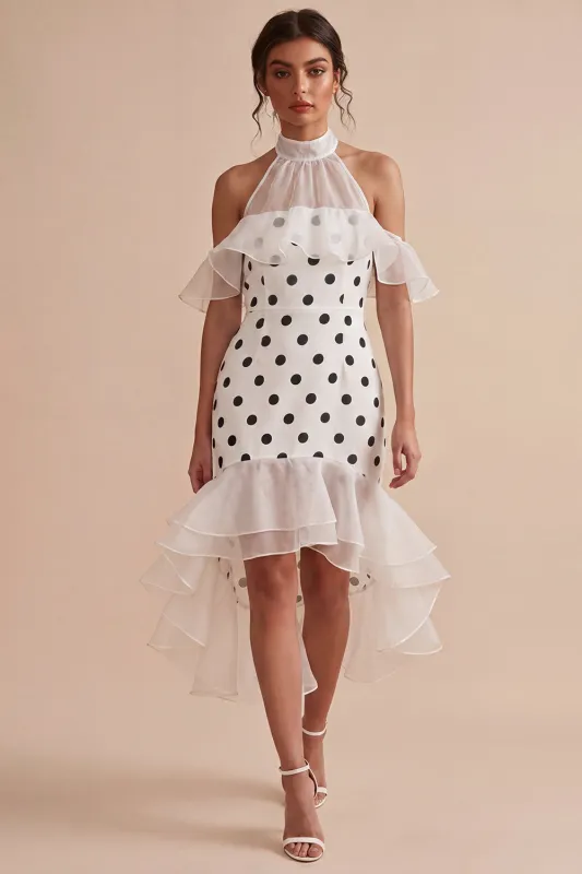 Cold Shoulder White Black Dots Ruffled High Low Mermaid Graduation Dress made by Zapaka