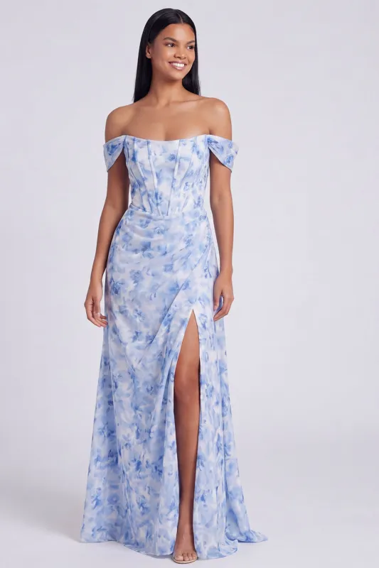 Off The Shoulder Blue Floral A Line Formal Dress with Slit made by Zapaka