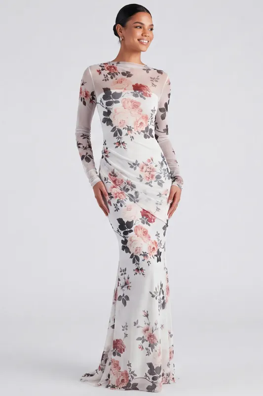 Ivory Floral Boat Neck Mermaid Long Sleeve Formal Dress made by Zapaka