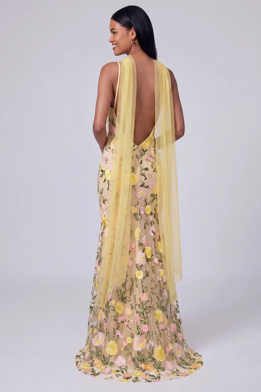 Yellow Floral Spaghetti Straps Mermaid Formal Dress with Neck Scarf sold by Zapaka product image thumbnail 2