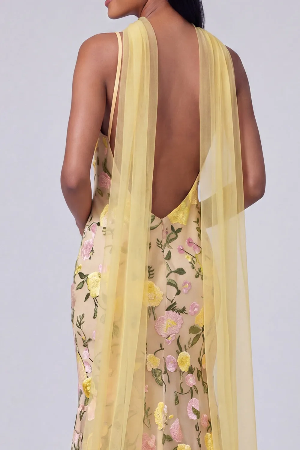 Yellow Floral Spaghetti Straps Mermaid Formal Dress with Neck Scarf sold by Zapaka product image thumbnail 4