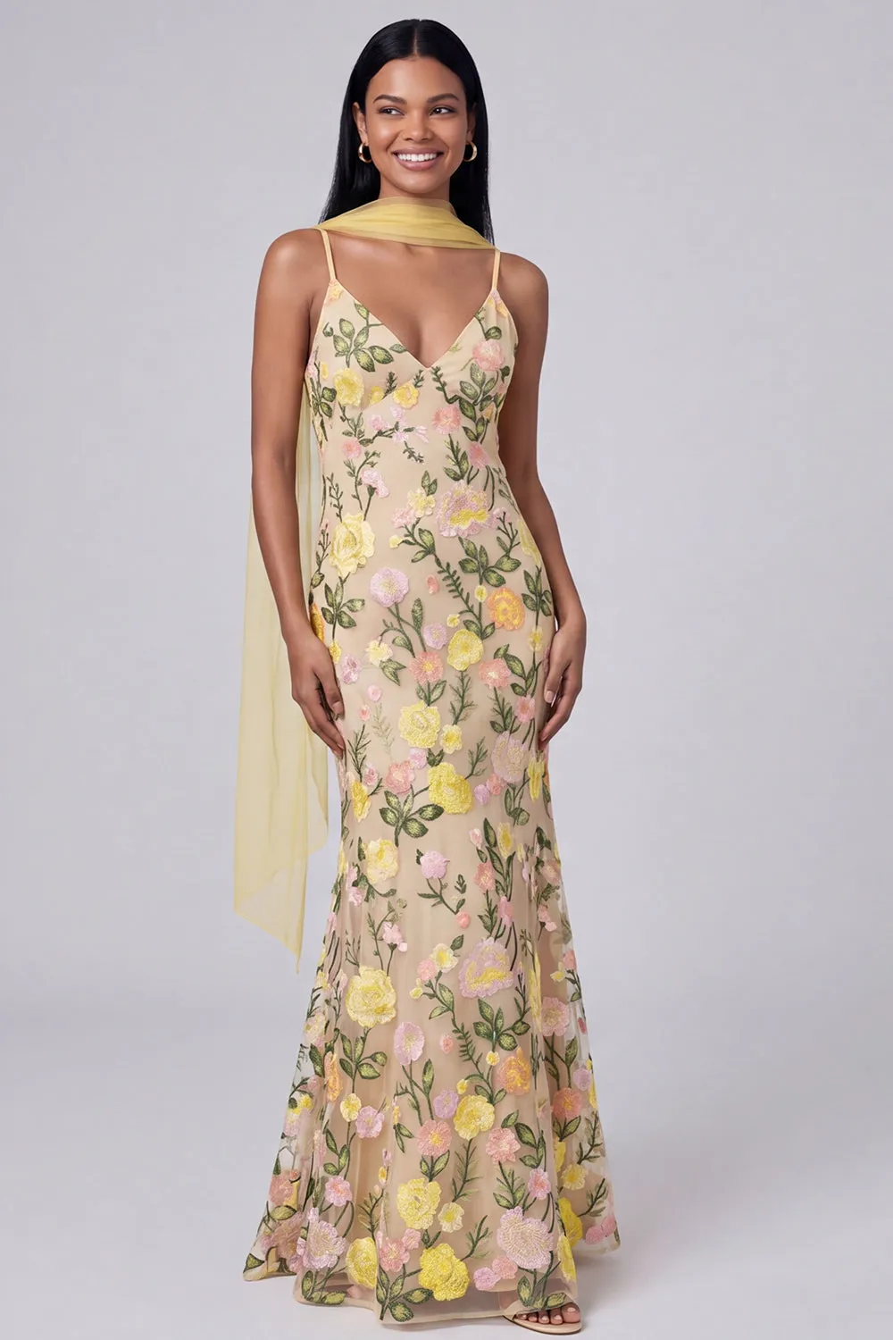 Yellow Floral Spaghetti Straps Mermaid Formal Dress with Neck Scarf sold by Zapaka