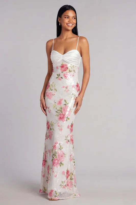 Ivory Floral Spaghetti Straps Sequin Mermaid Formal Dress made by Zapaka