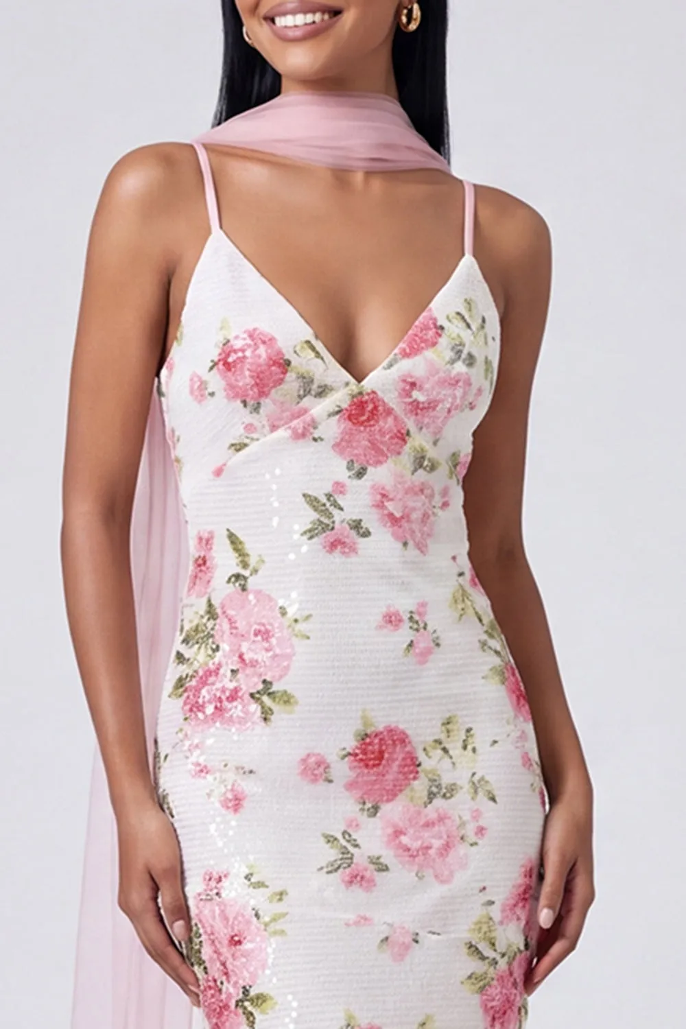 White Pink Mermaid Maxi Floral Dress with Sequins sold by Zapaka product image thumbnail 3