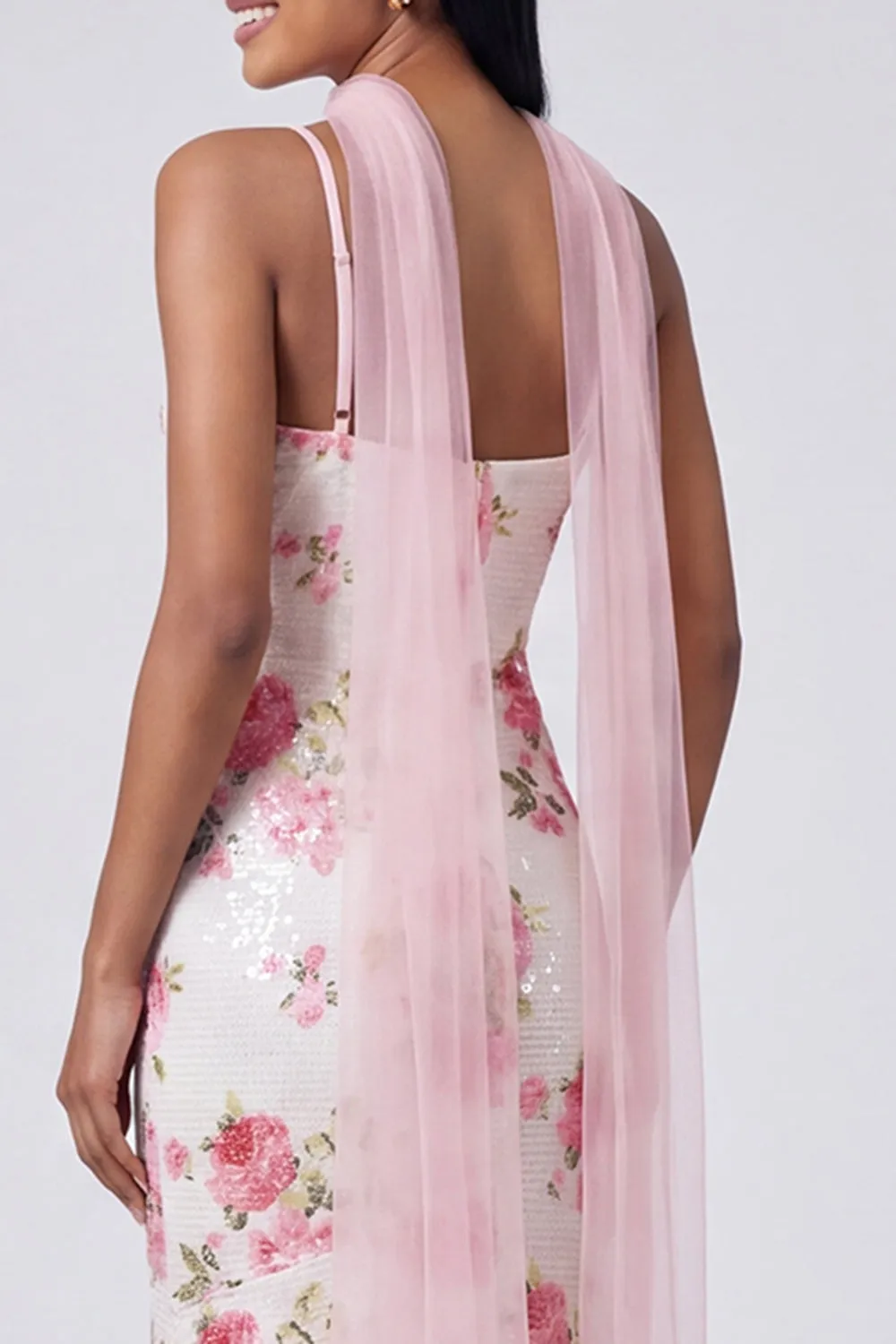 White Pink Mermaid Maxi Floral Dress with Sequins sold by Zapaka product image thumbnail 4