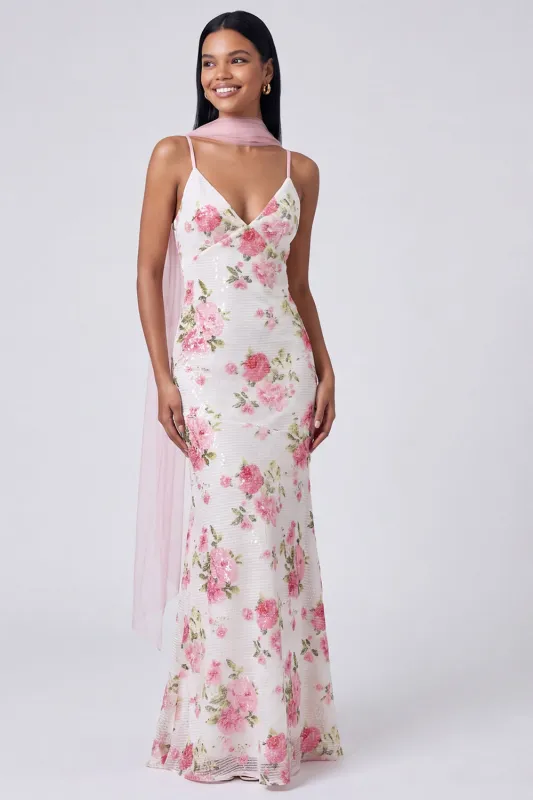 White Pink Mermaid Maxi Floral Dress with Sequins made by Zapaka