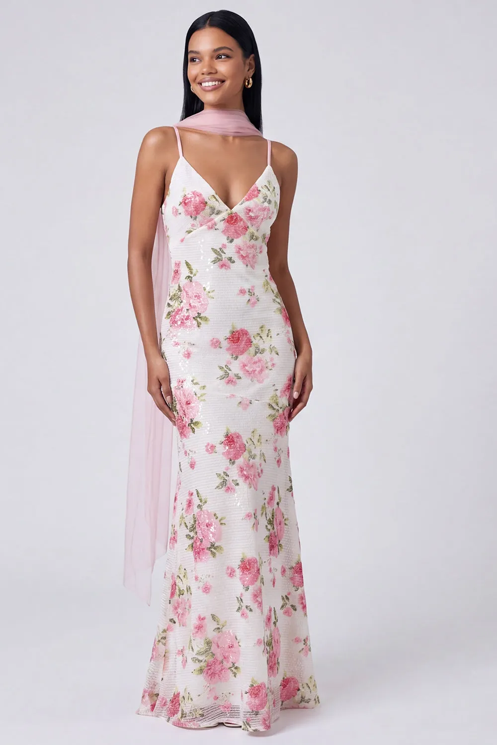 White Pink Mermaid Maxi Floral Dress with Sequins sold by Zapaka