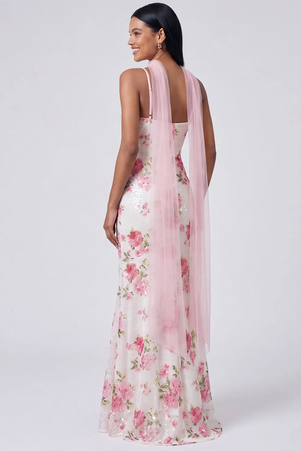 White Pink Mermaid Maxi Floral Dress with Sequins sold by Zapaka product image thumbnail 2