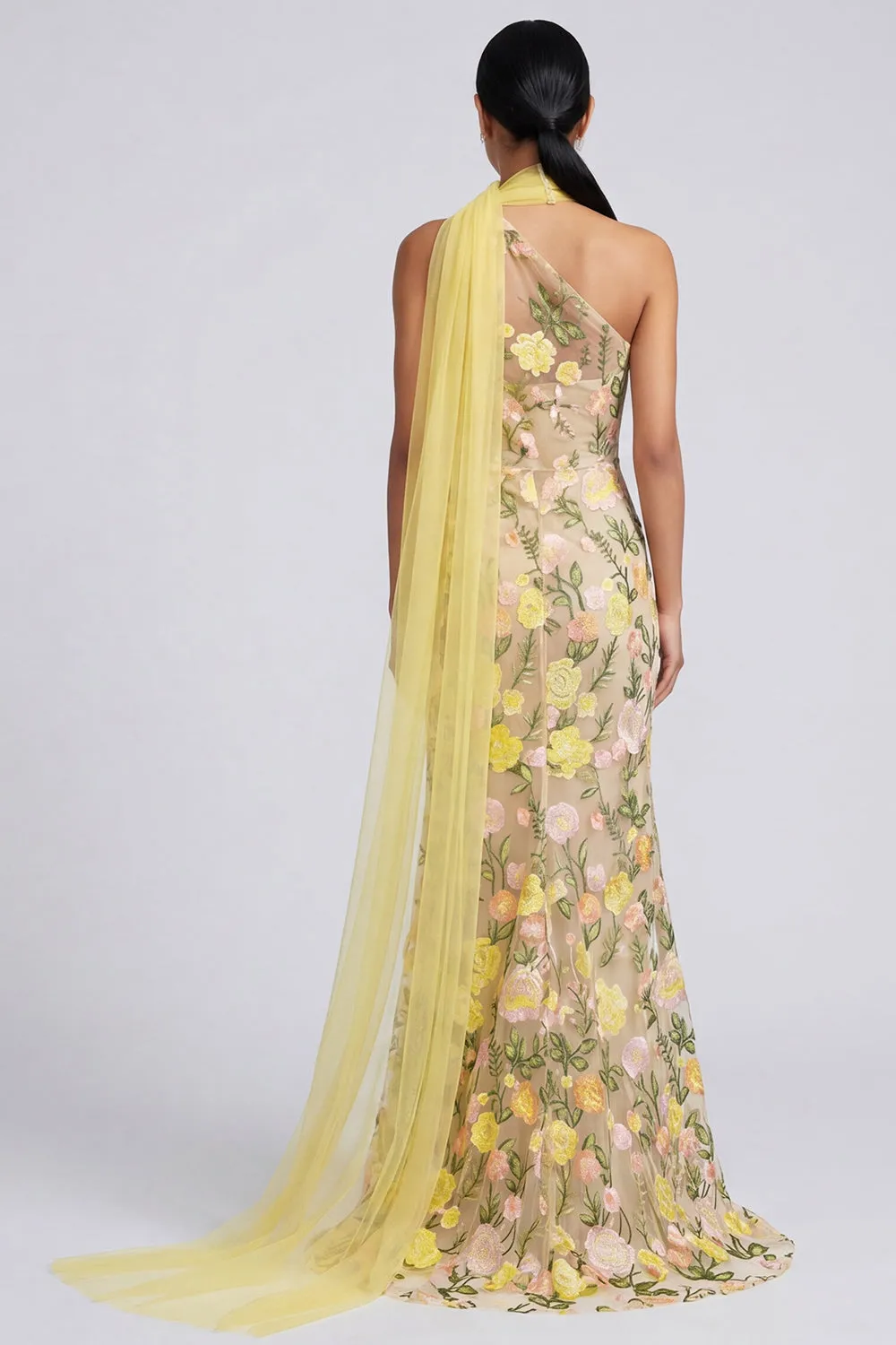One Shoulder Yellow Mermaid Appliqued Maxi Floral Dress sold by Zapaka product image thumbnail 2