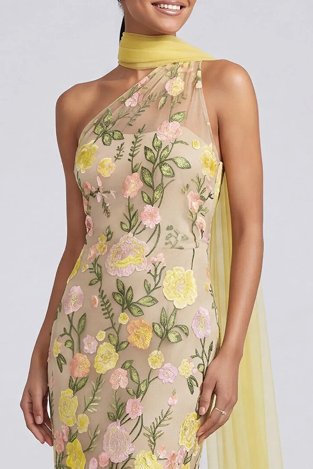 One Shoulder Yellow Mermaid Appliqued Maxi Floral Dress sold by Zapaka product image thumbnail 3