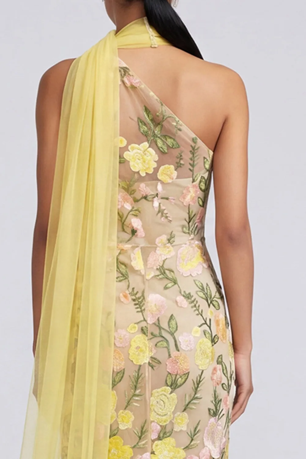 One Shoulder Yellow Mermaid Appliqued Maxi Floral Dress sold by Zapaka product image thumbnail 4