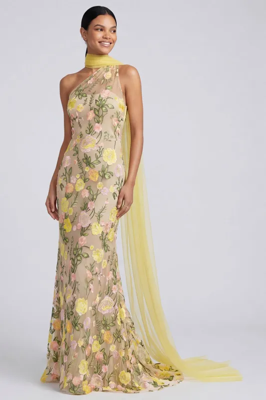 One Shoulder Yellow Mermaid Appliqued Maxi Floral Dress made by Zapaka
