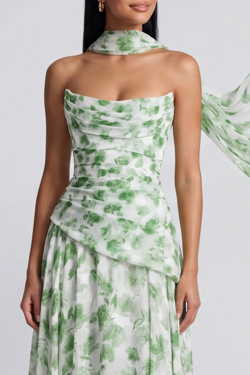 Light Green Strapless A Line Floral Maxi Dress with Scarf sold by Zapaka product image thumbnail 3