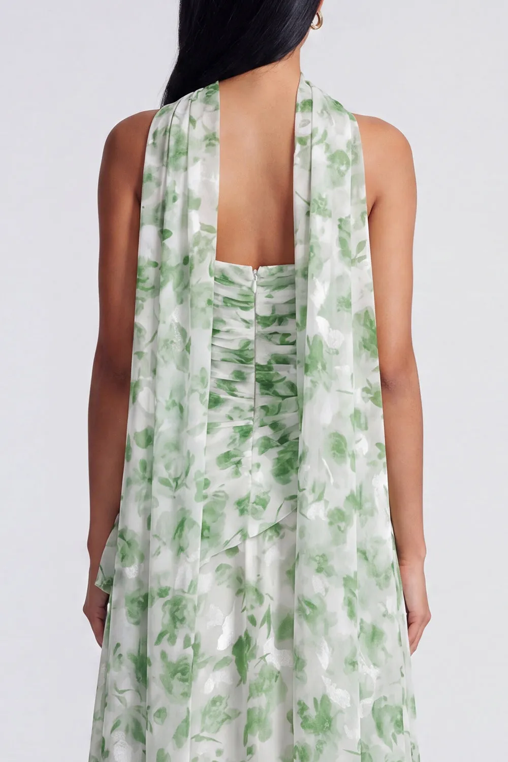 Light Green Strapless A Line Floral Maxi Dress with Scarf sold by Zapaka product image thumbnail 4