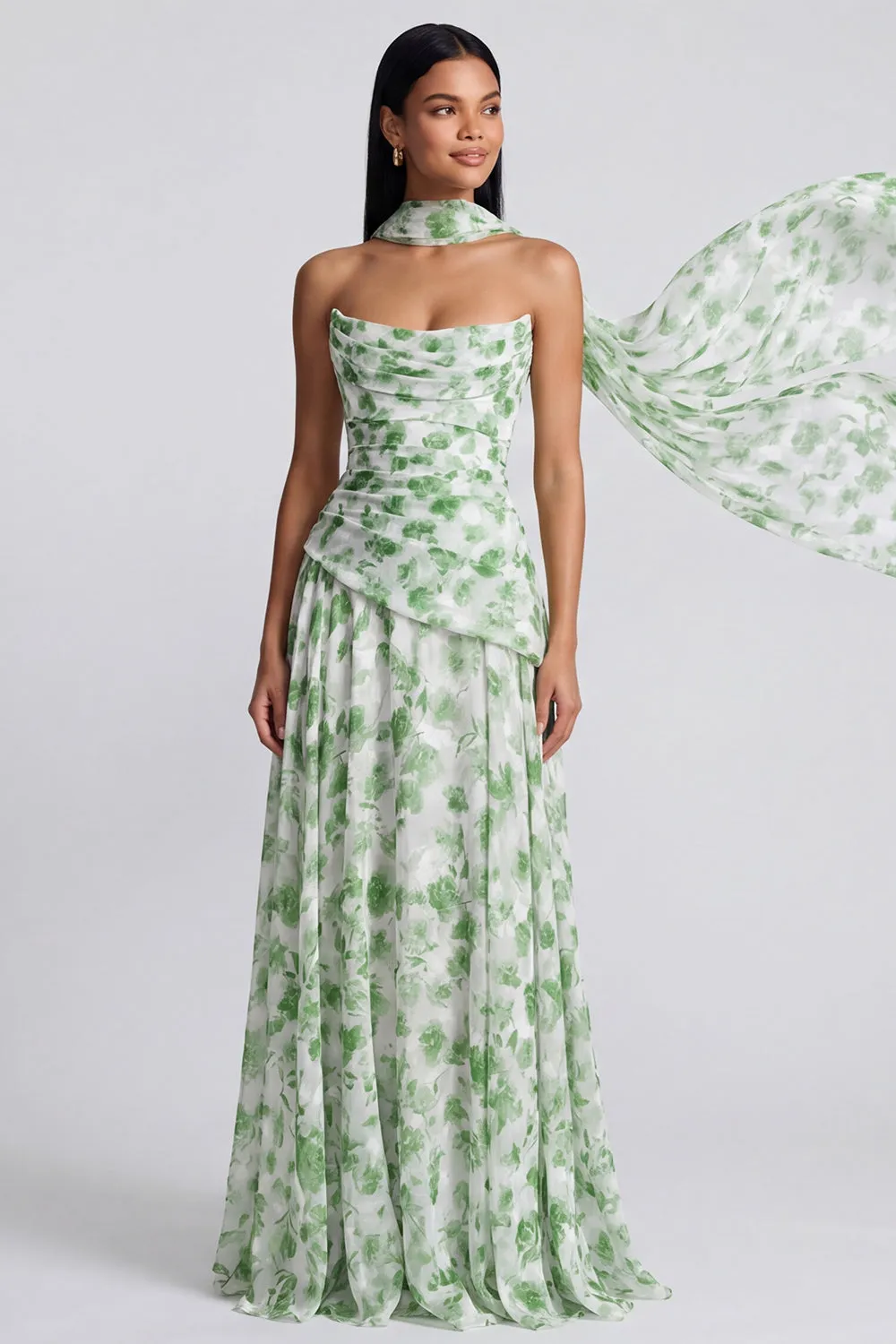 Light Green Strapless A Line Floral Maxi Dress with Scarf sold by Zapaka