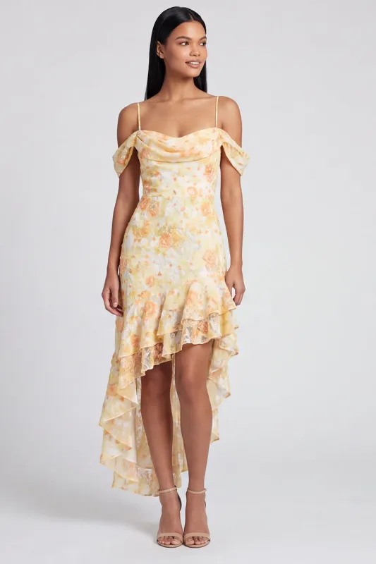 Yellow Cold Shoulder Ruffled Asymmetrical Floral Dress made by Zapaka